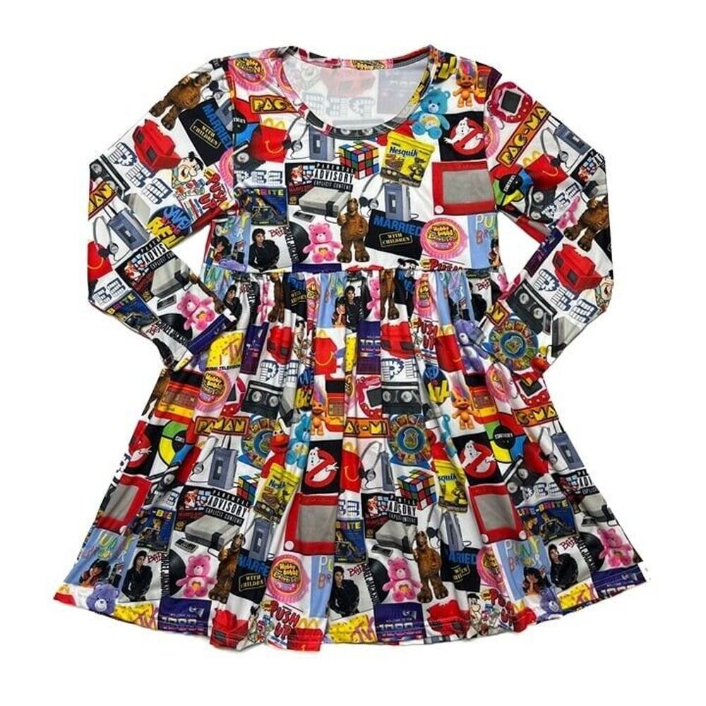 80s Pop Culture Collage Kids Dress Fit and Flare Multicolor Retro Icon